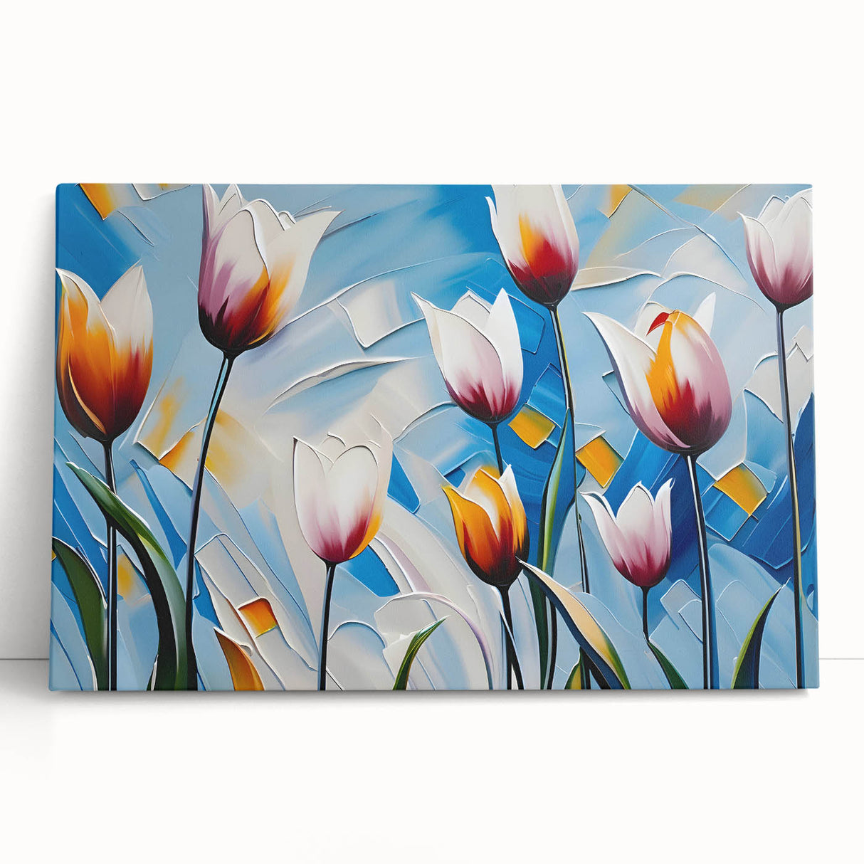 Stretched canvas wall art featuring a vibrant botanical tulip design, showcasing rich colors and intricate floral details, perfect for enhancing home decor.