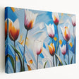 Stretched canvas wall art showcasing a vibrant botanical tulip design in vivid colors, viewed from the side, perfect for enhancing home decor.