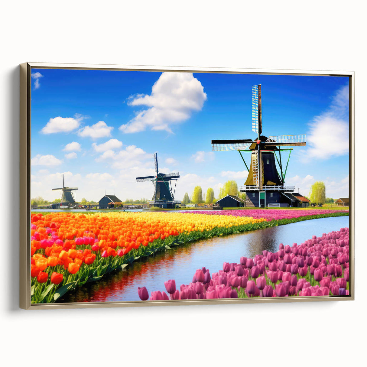 Framed botanical wall art featuring a vibrant tulip design on canvas, with a gold frame and side view showcasing its elegant detailing and rich colors. Perfect for home decor.