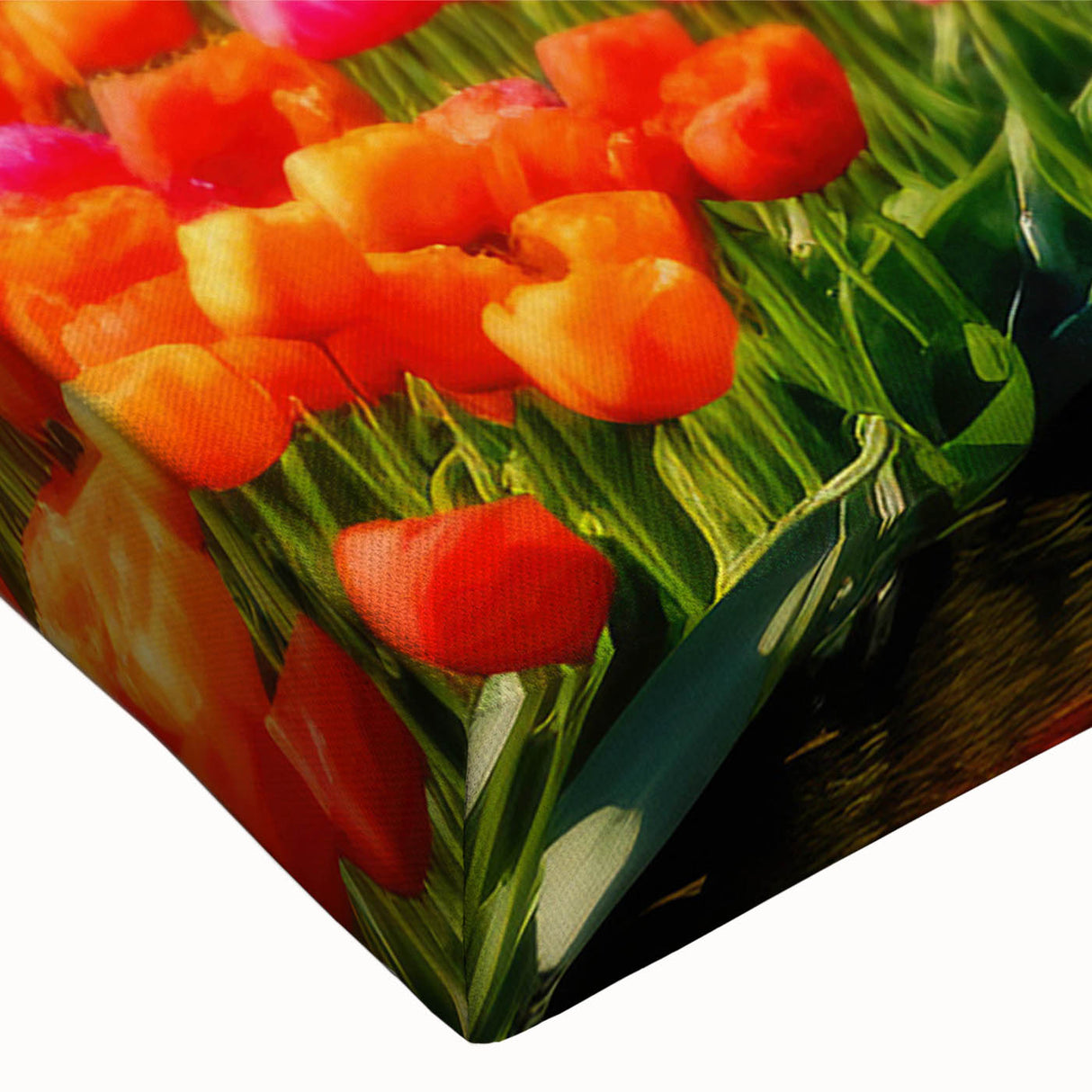 Close-up of a vibrant botanical wall art design featuring colorful tulips on stretched canvas, showcasing intricate details and rich textures, perfect for enhancing home decor.