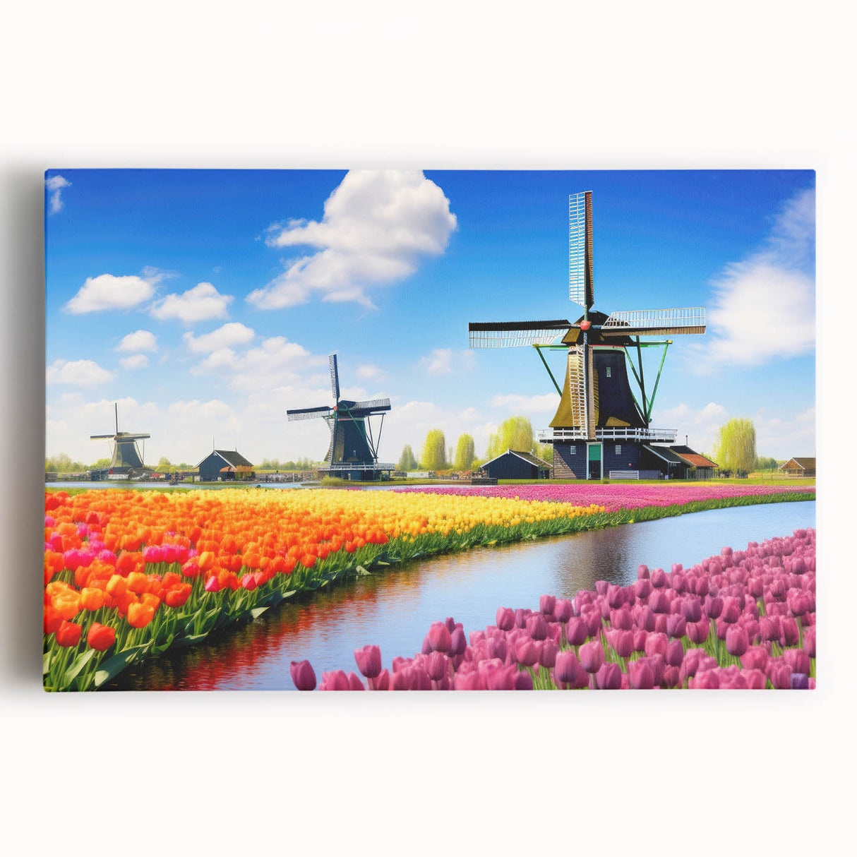 Stretched canvas wall art featuring a vibrant botanical design of tulips in various shades of pink and yellow, perfect for home decor or floral-themed spaces.