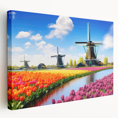 Stretched canvas wall art showcasing a botanical tulip design with vibrant colors and intricate details, perfect for home decor and floral enthusiasts, viewed from the side.