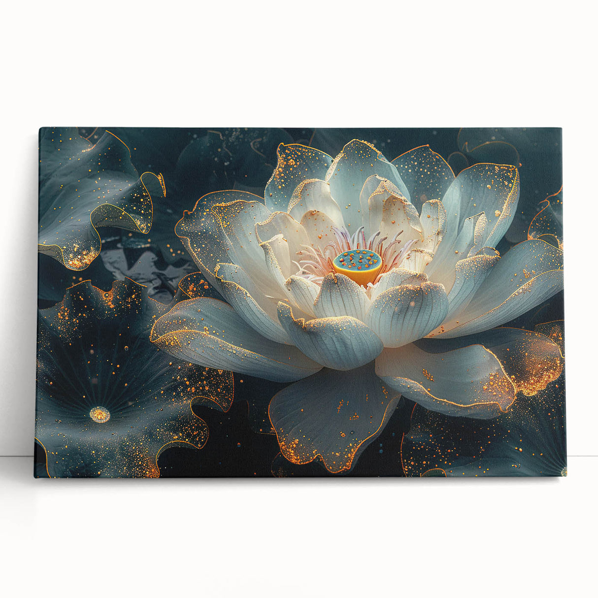Botanical wall art design featuring a serene water lily on a stretched canvas, showcasing vibrant colors and delicate details, ideal for home decor enhancement.