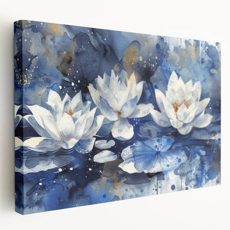 Stretched canvas showcasing a botanical water lily design, featuring vibrant colors and intricate details, ideal for enhancing home decor and art collections.