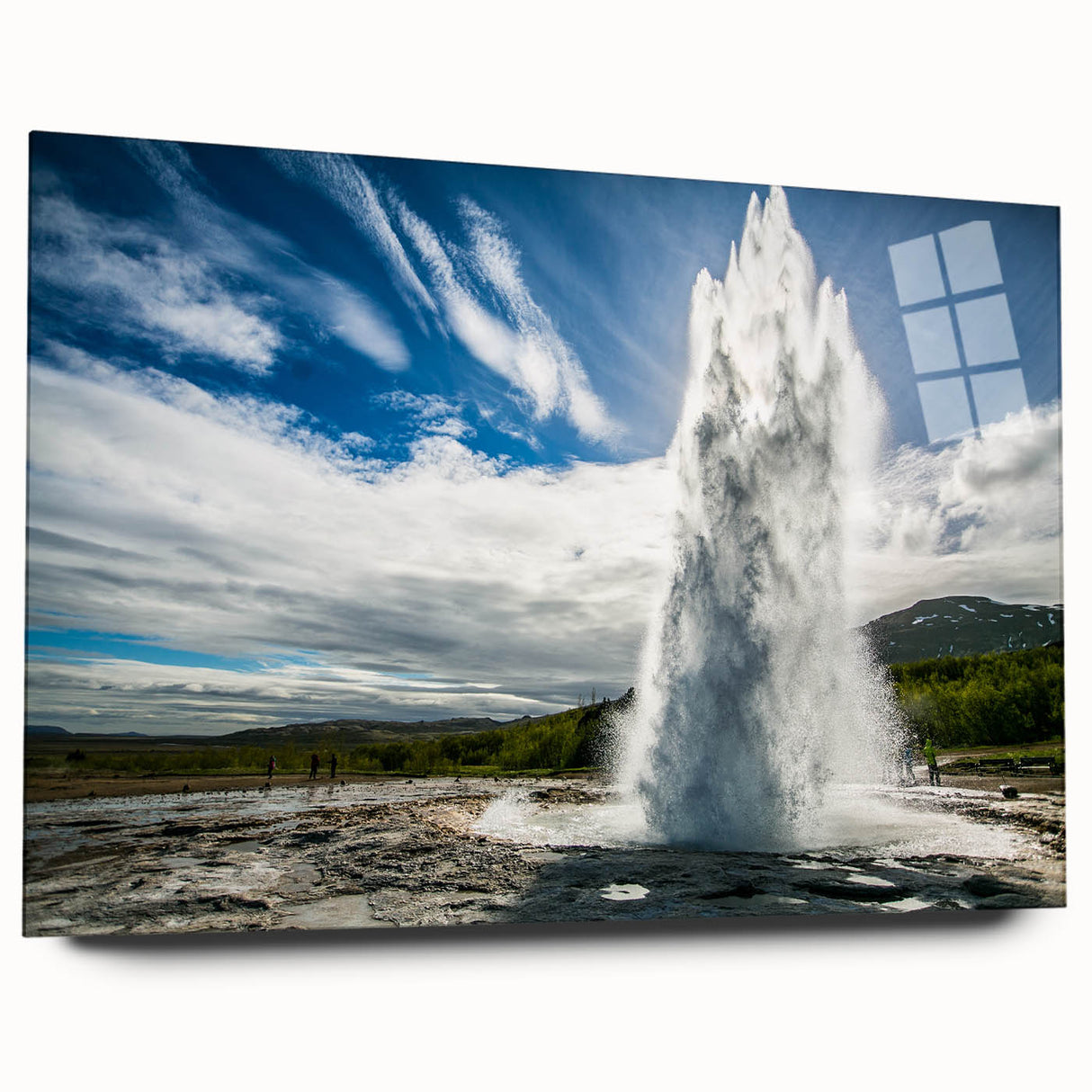 Side view of an acrylic glass wall art piece showcasing a vibrant geyser landscape design, ideal for modern home decor and art enthusiasts. The artwork features rich colors and intricate details, enhancing any room's ambiance.