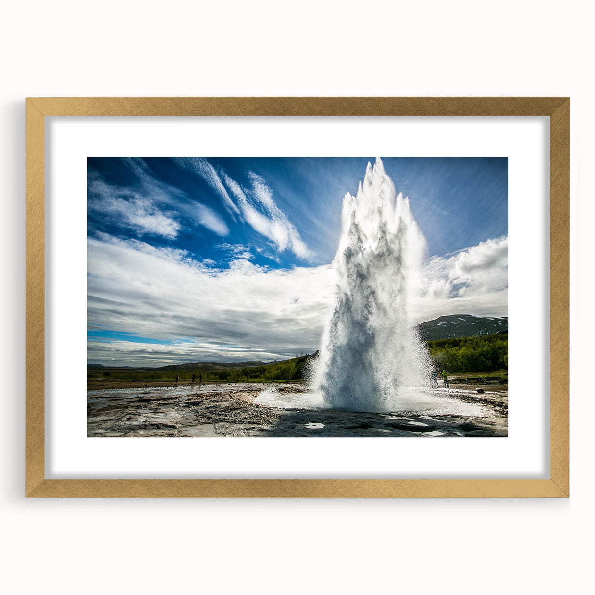 Framed wall art showcasing a stunning landscape design featuring a vibrant geyser in gold tones, elegantly matted for a sophisticated look, perfect for home decor.