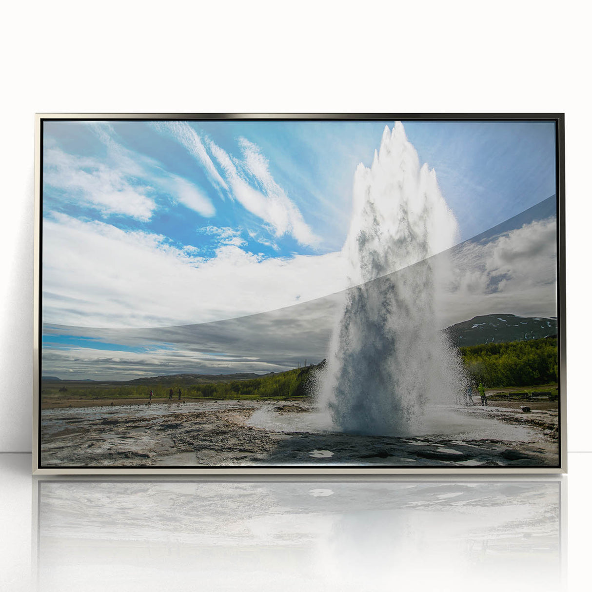 Framed acrylic wall art featuring a vibrant landscape design of a geyser, showcasing rich colors and intricate details, perfect for modern home decor.