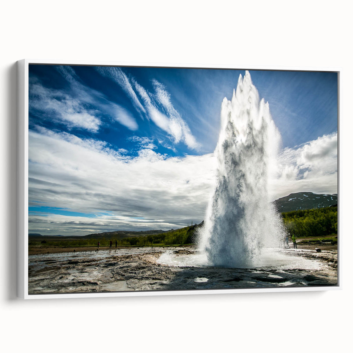 Framed canvas wall art featuring a stunning geyser landscape design, set against a white background, showcasing vibrant colors and intricate details, perfect for home decor.