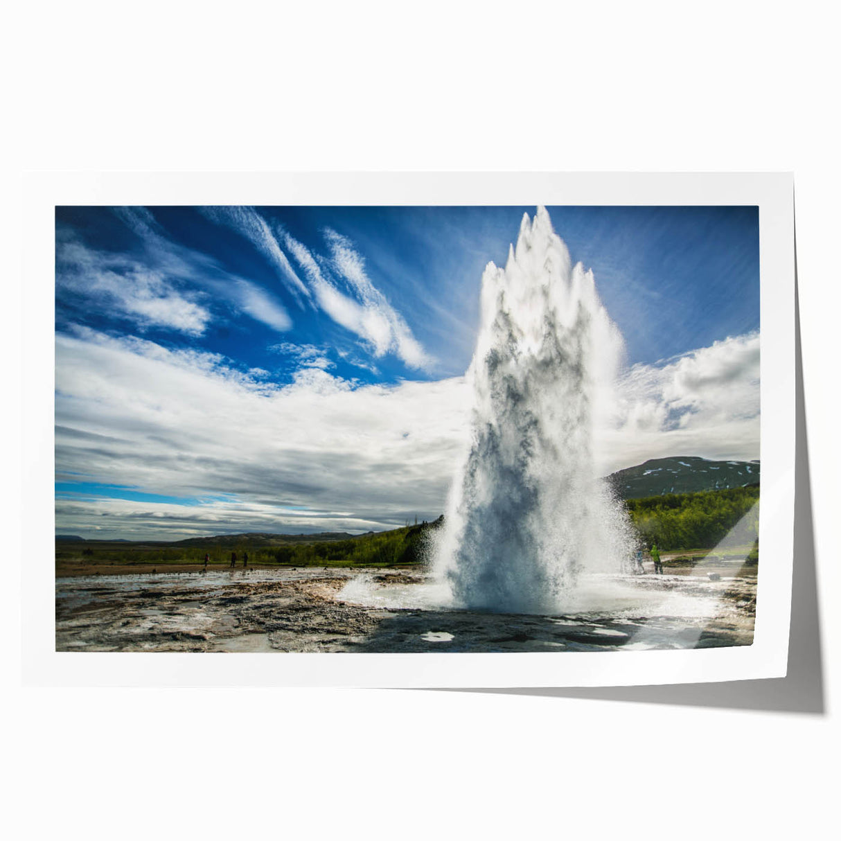 Vibrant rolled print of a geyser landscape design, showcasing dynamic colors and intricate details, perfect for enhancing modern home decor.