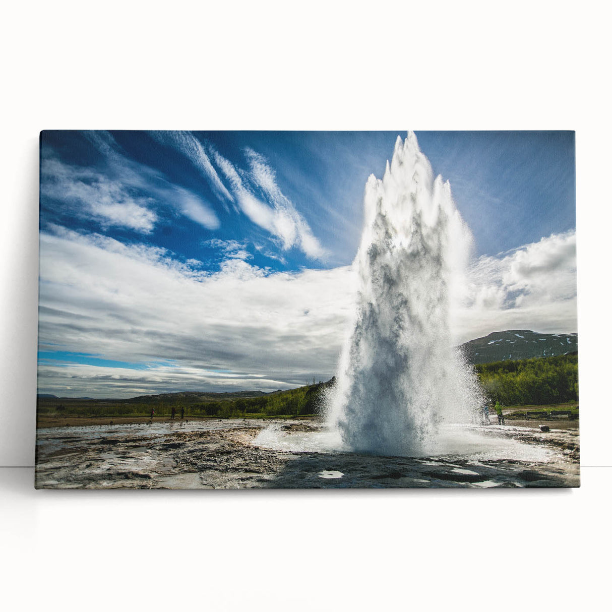Stretched canvas wall art featuring a vibrant geyser landscape design, showcasing vivid colors and intricate details, ideal for enhancing modern home decor.
