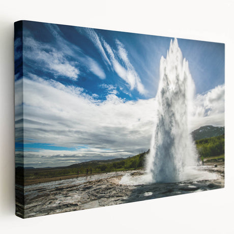 Stretched canvas artwork showcasing a vibrant geyser landscape design, featuring bold colors and intricate details, perfect for enhancing modern home decor.