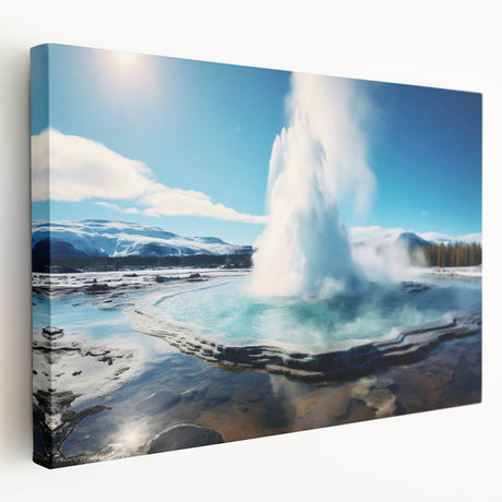 Stretched canvas wall art showcasing a vibrant landscape design featuring a geyser, with rich colors and dynamic textures, perfect for modern home decor.