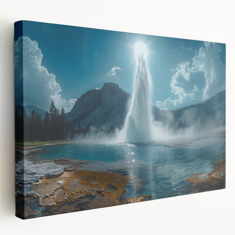 Stretched canvas wall art showcasing a vibrant geyser landscape design with rich colors and intricate details, perfect for enhancing home decor.