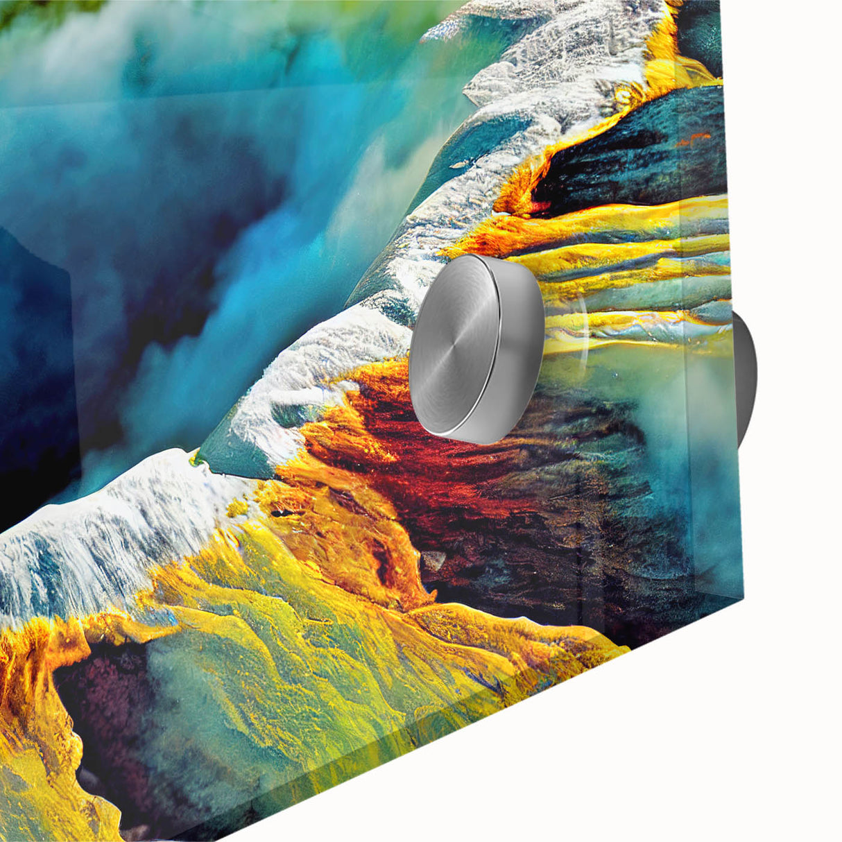 Close-up of a vibrant acrylic wall art piece showcasing a stunning geyser landscape design, featuring rich colors and intricate details, perfect for home decor.