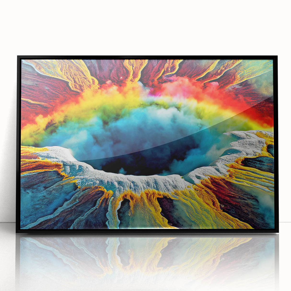 Framed acrylic wall art showcasing a geyser landscape design in vibrant colors, featuring a sleek black frame and a modern aesthetic, perfect for home decor.