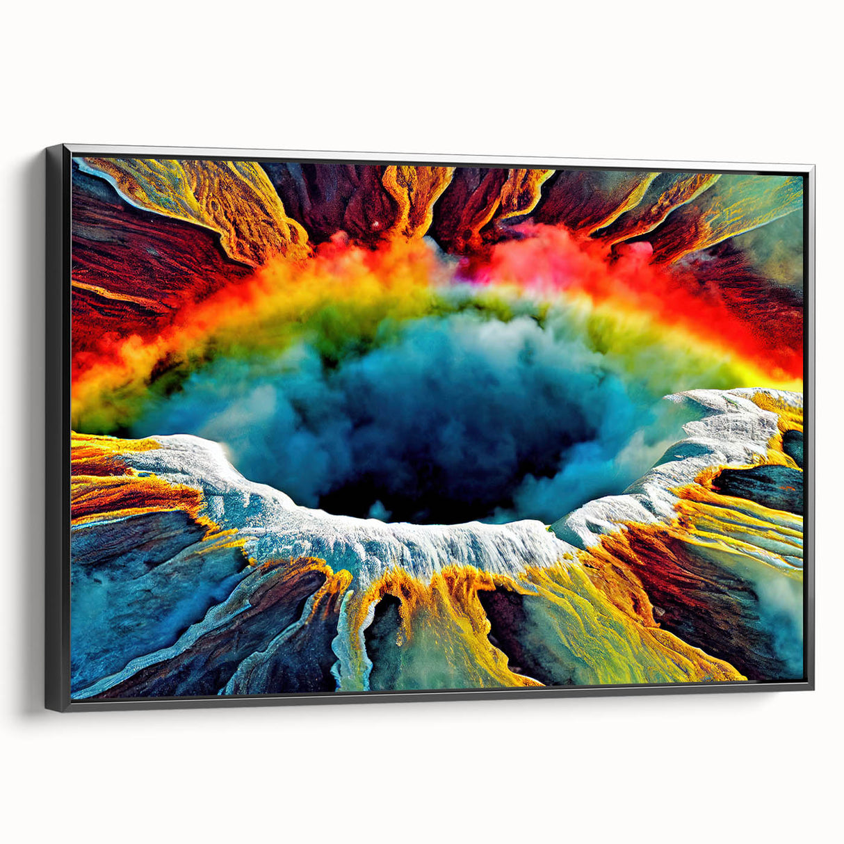 Framed canvas wall art showcasing a vibrant geyser design with a black border, ideal for modern home decor, enhancing living spaces with color and style.