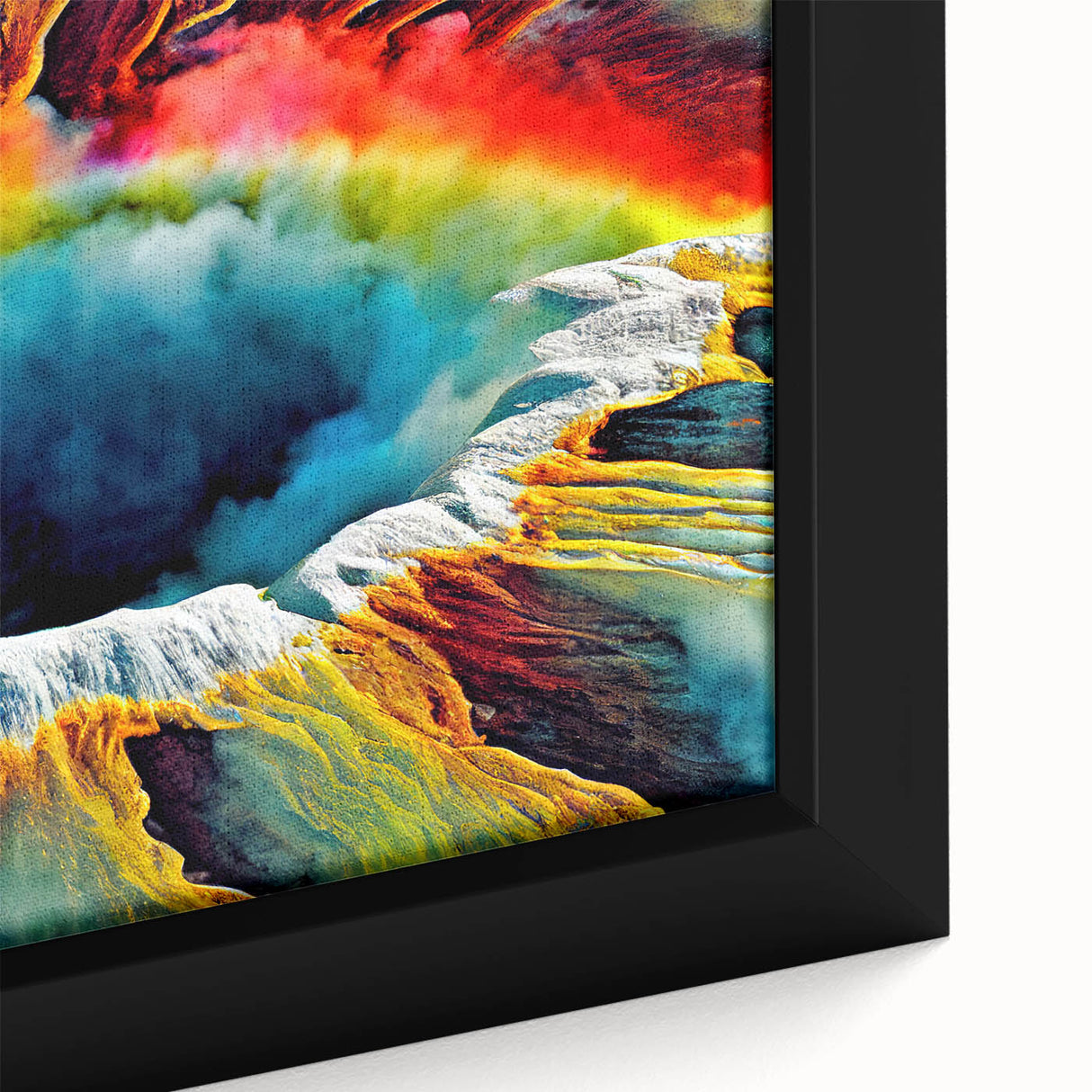 Close-up of a framed geyser-themed canvas wall art piece, showcasing vibrant colors and intricate details, ideal for modern home decor and nature-inspired interiors.