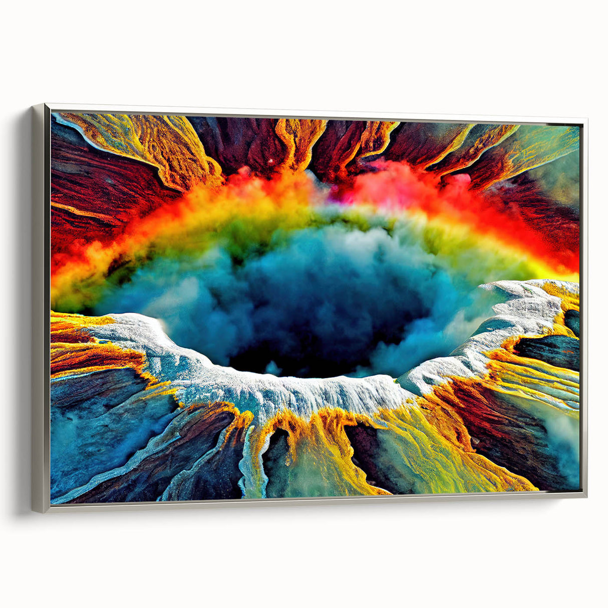 Framed canvas wall art showcasing a stunning geyser landscape design in elegant silver, adding a touch of nature-inspired decor to any room setting. The artwork features vibrant colors and intricate details, perfect for enhancing modern interiors.