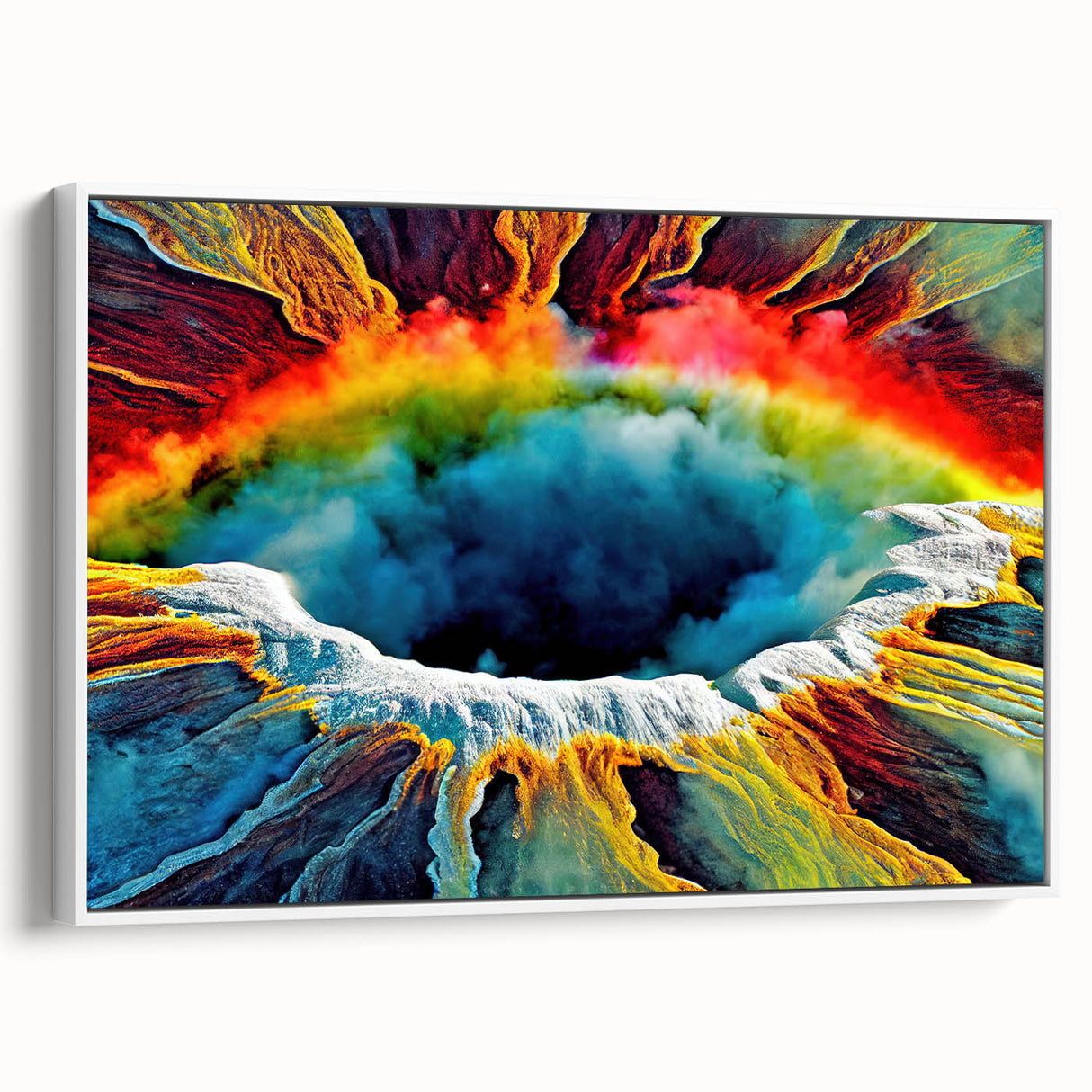 Framed canvas wall art featuring a vibrant geyser landscape design, showcasing rich colors and intricate details, ideal for enhancing home decor.
