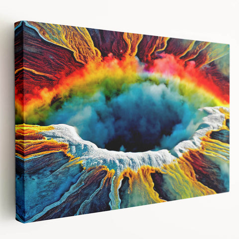 Stretched canvas wall art featuring a vibrant geyser landscape design, showcasing rich colors and dynamic textures, perfect for modern home decor accents.
