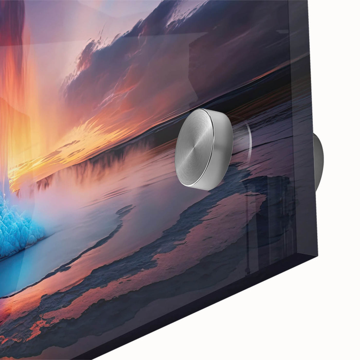 Close-up of a vibrant acrylic glass wall art piece showcasing a geyser landscape design, ideal for modern home decor, with vivid colors and intricate details.