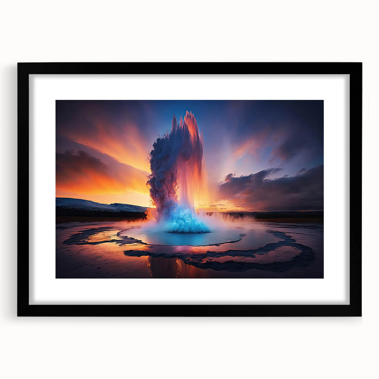Black-framed wall art featuring a vibrant geyser landscape design, showcasing dynamic colors and intricate details, perfect for modern home decor or art collectors.