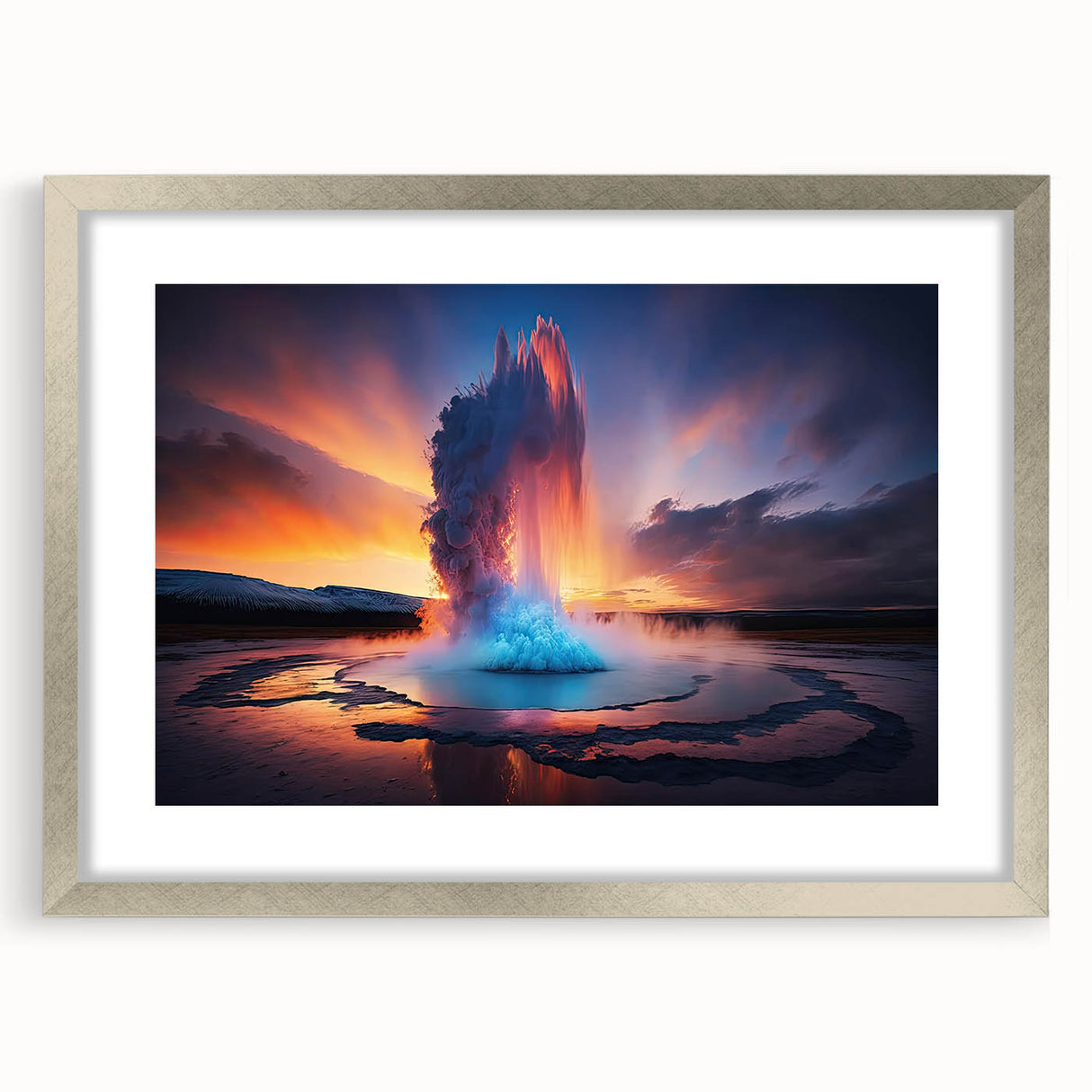 Framed wall art collection showcasing a geyser landscape design, featuring a silver mat and elegant frame, perfect for modern home decor.