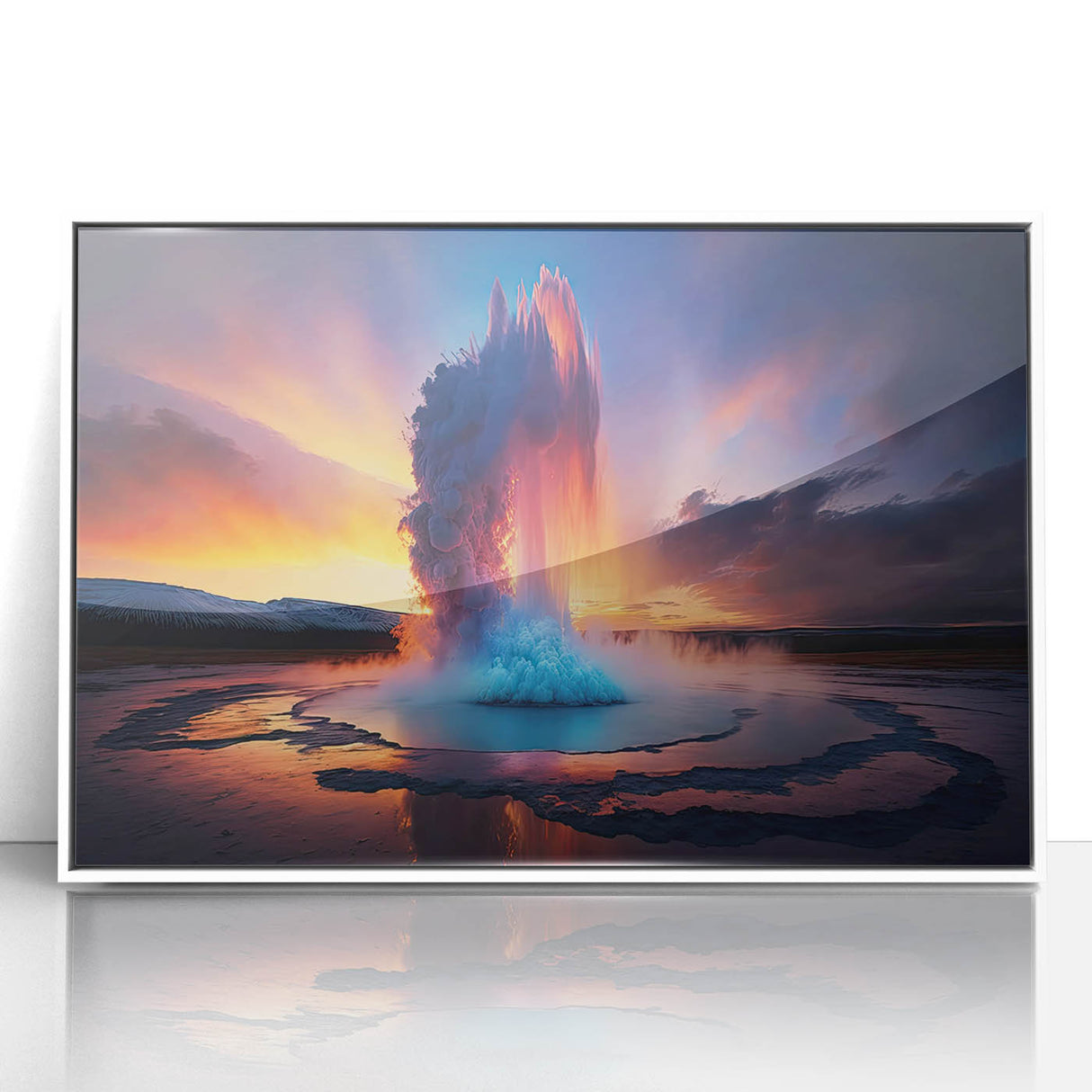 Framed wall art collection showcasing a vibrant geyser design in acrylic finish, featuring bold colors on a white background, perfect for modern home decor.