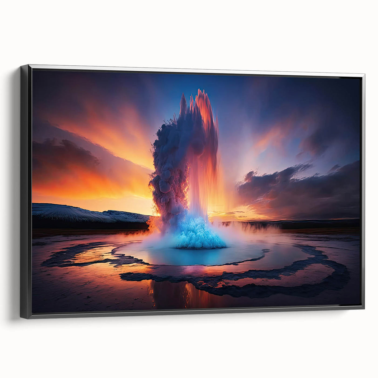 Framed canvas wall art showcasing a striking geyser design in vibrant colors, viewed from the side, perfect for modern home decor or art enthusiasts.
