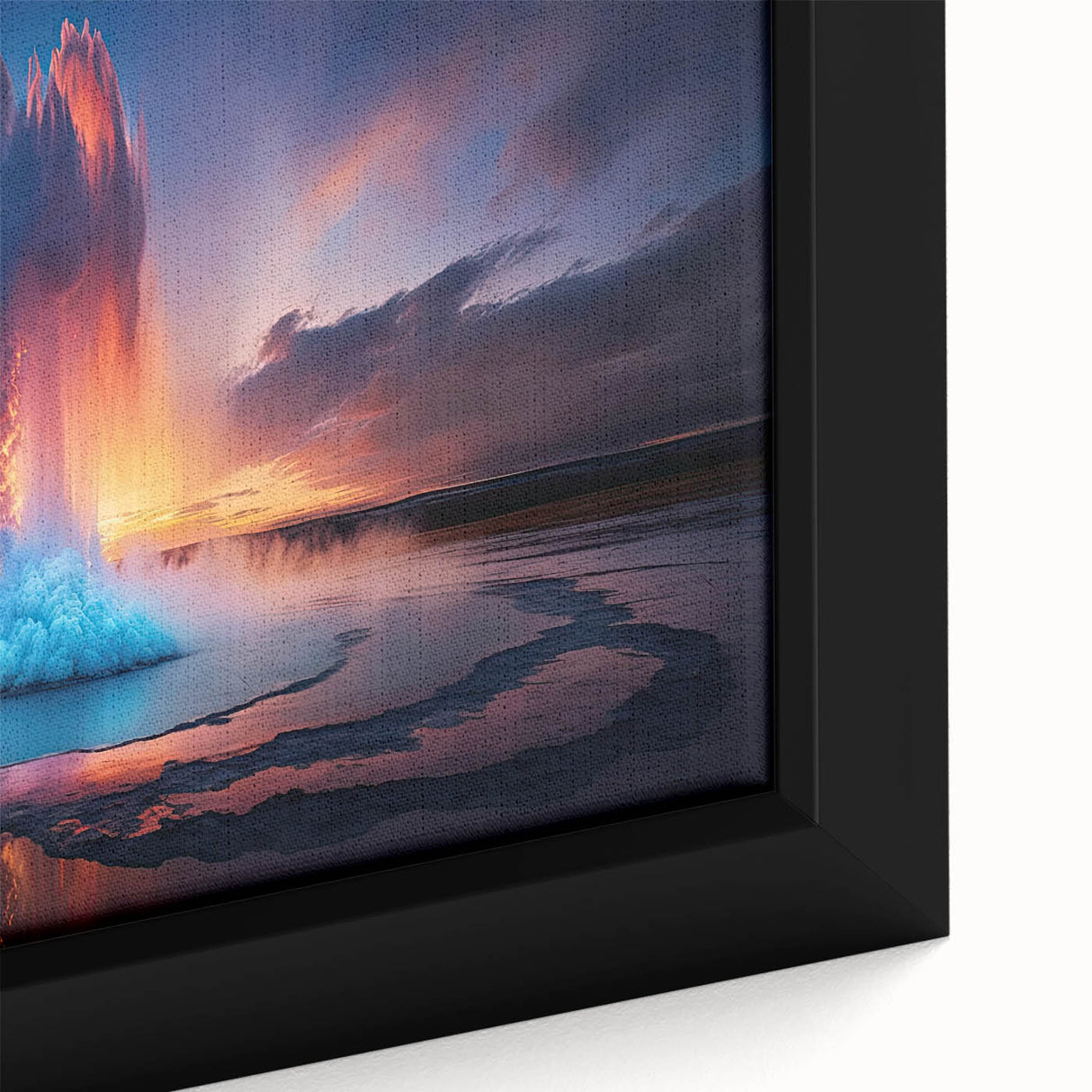 Framed canvas artwork depicting a vibrant geyser landscape design, showcasing intricate details and vivid colors, perfect for modern home decor.
