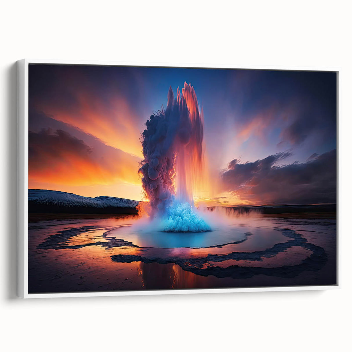 Framed canvas wall art collection showcasing a serene landscape with geysers, featuring a white frame and side view display, perfect for modern home decor.