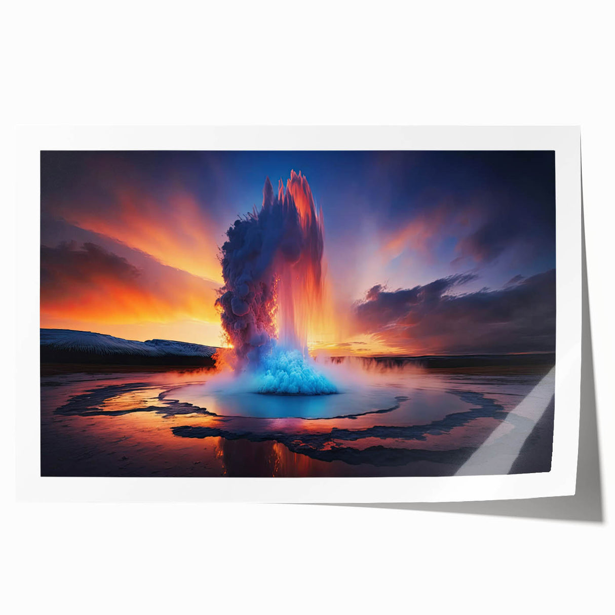 Geyser design wall art collection print showcasing vibrant colors and fluid patterns, rolled and ready for display, ideal for modern home decor.