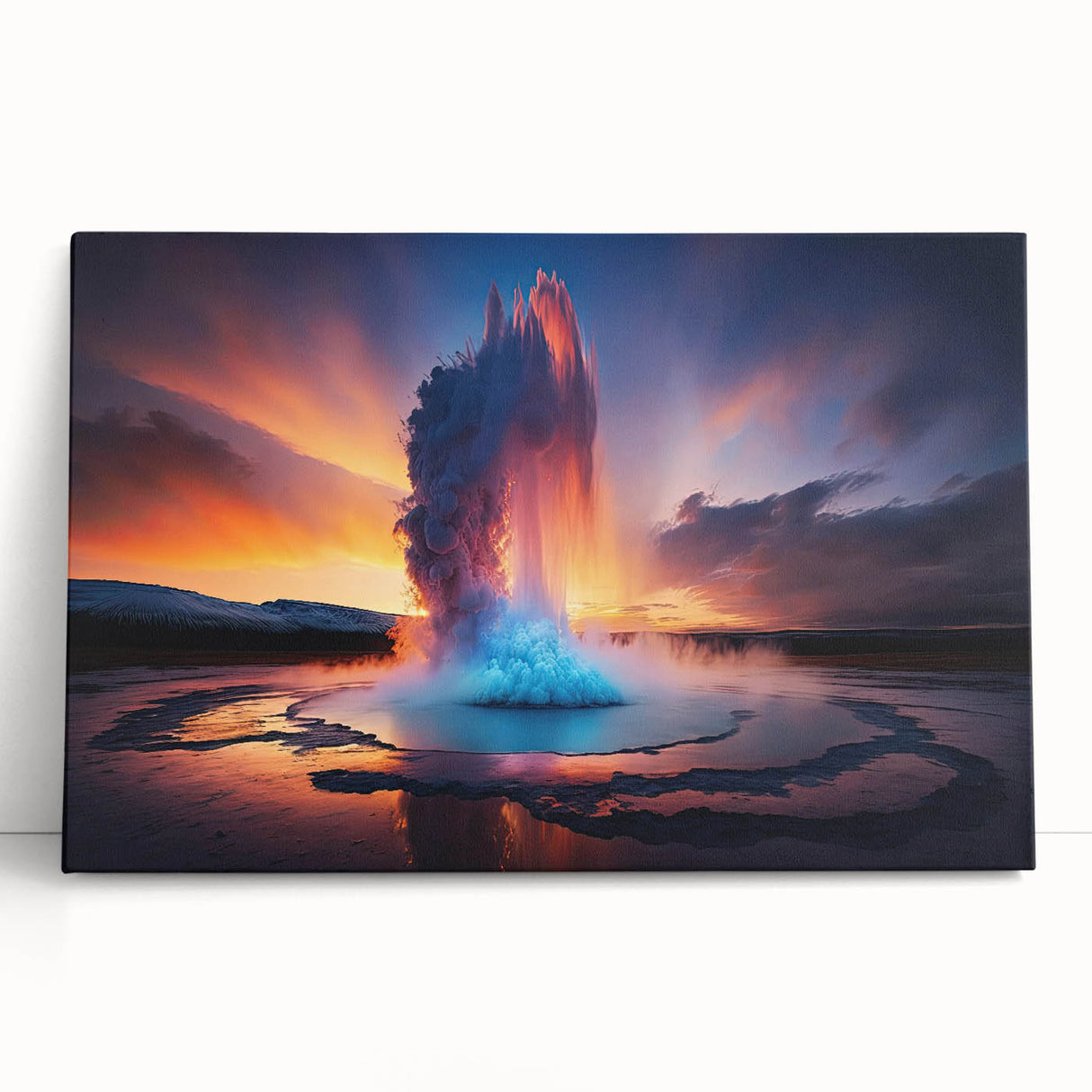 Stretched canvas wall art featuring a vibrant landscape design of a geyser, highlighted by rich colors and textures, ideal for modern home decor.