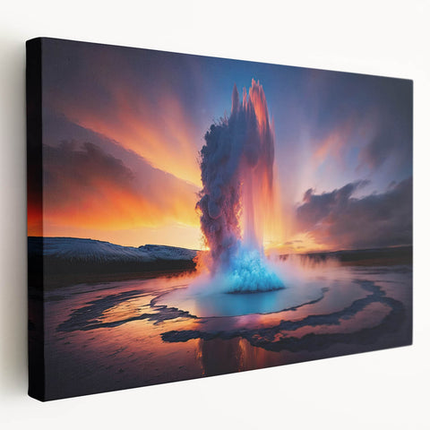 Stretched canvas wall art depicting a vibrant geyser landscape with rich colors and dynamic textures, ideal for enhancing home decor with natural beauty.