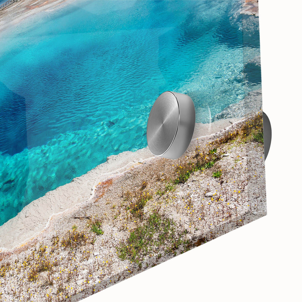 Close-up of a vibrant acrylic glass wall art piece from the Landscapes Geyser Design collection, showcasing colorful abstract patterns and textures ideal for modern home decor.