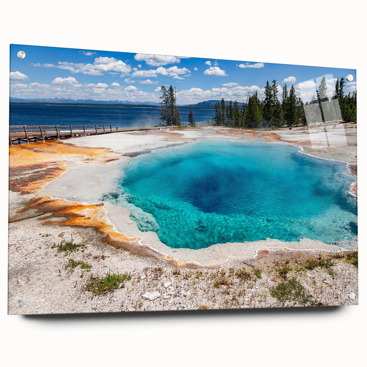 Acrylic glass wall art showcasing a vibrant geyser landscape design, featuring a side view with decorative pins for easy hanging. Ideal for modern home decor.