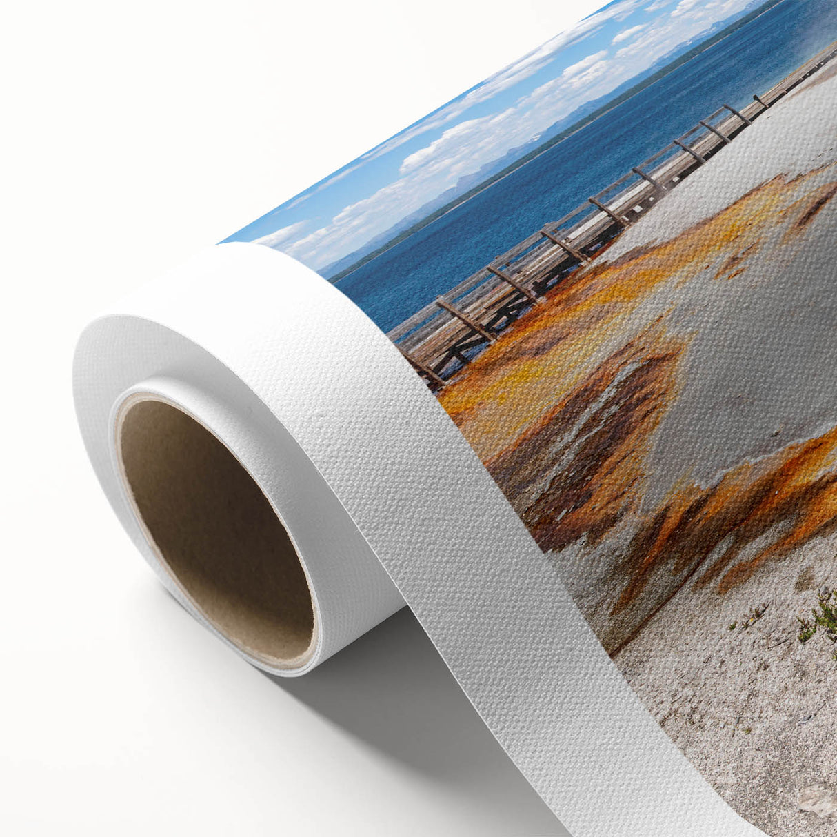 Vibrant rolled canvas wall art showcasing a stunning geyser landscape design, featuring rich colors and intricate details, perfect for home decor.