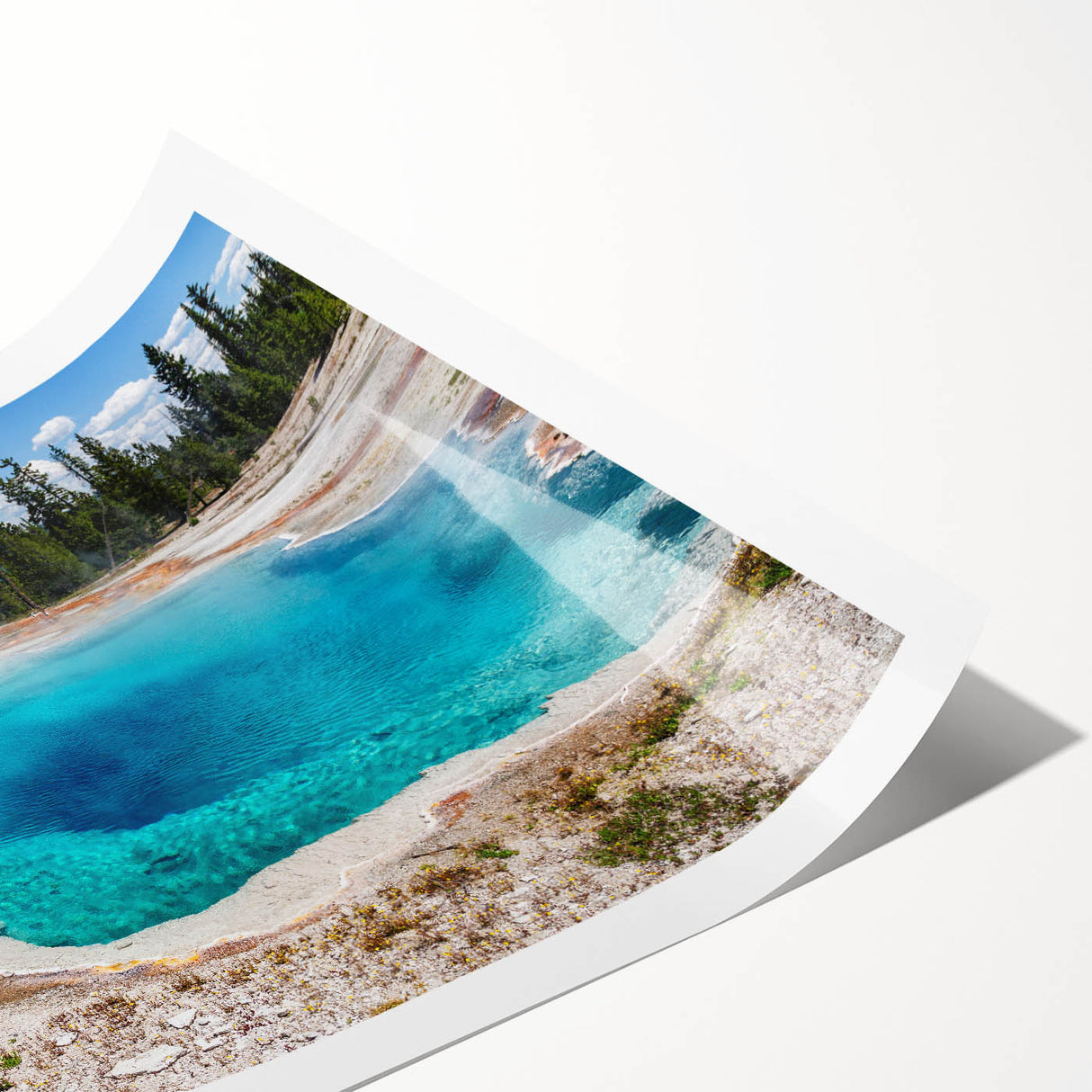 Vibrant rolled print showcasing a stunning geyser landscape design, featuring rich colors and intricate details, ideal for modern home decor or art collectors.