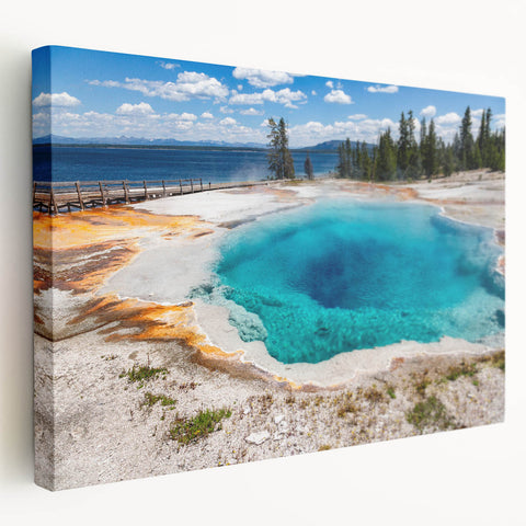 Stretched canvas wall art showcasing a vibrant geyser landscape design, featuring bright colors and intricate details, perfect for home decor.