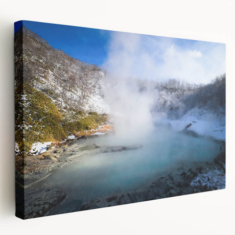 Stretched canvas wall art showcasing a serene hot spring landscape with vibrant colors, ideal for home décor, creating a calming atmosphere in any room.