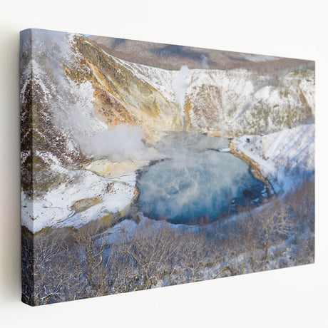 Stretched canvas wall art depicting a serene hot spring landscape, showcasing vibrant greens and blues, perfect for enhancing home decor with a tranquil vibe.