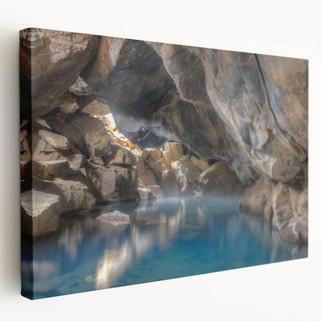 Stretched canvas wall art depicting a serene hot spring landscape, showcasing lush greenery and calming water tones, perfect for home decor.
