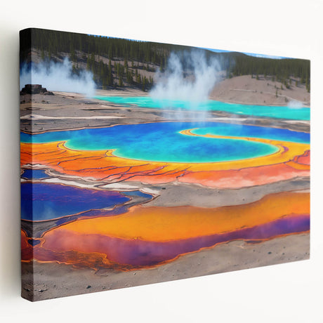 Stretched canvas wall art showcasing a serene hot spring landscape design with vibrant colors and intricate details, perfect for home decor and relaxation themes.