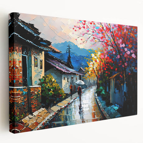 Stretched canvas artwork showcasing a vibrant landscape road design, featuring rich colors and dynamic perspective, ideal for modern home decor enhancement.