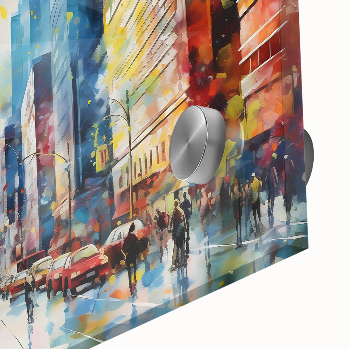 Close-up of a vibrant acrylic glass wall art piece showcasing a scenic landscape with winding roads, ideal for modern home decor and interior design enhancement.