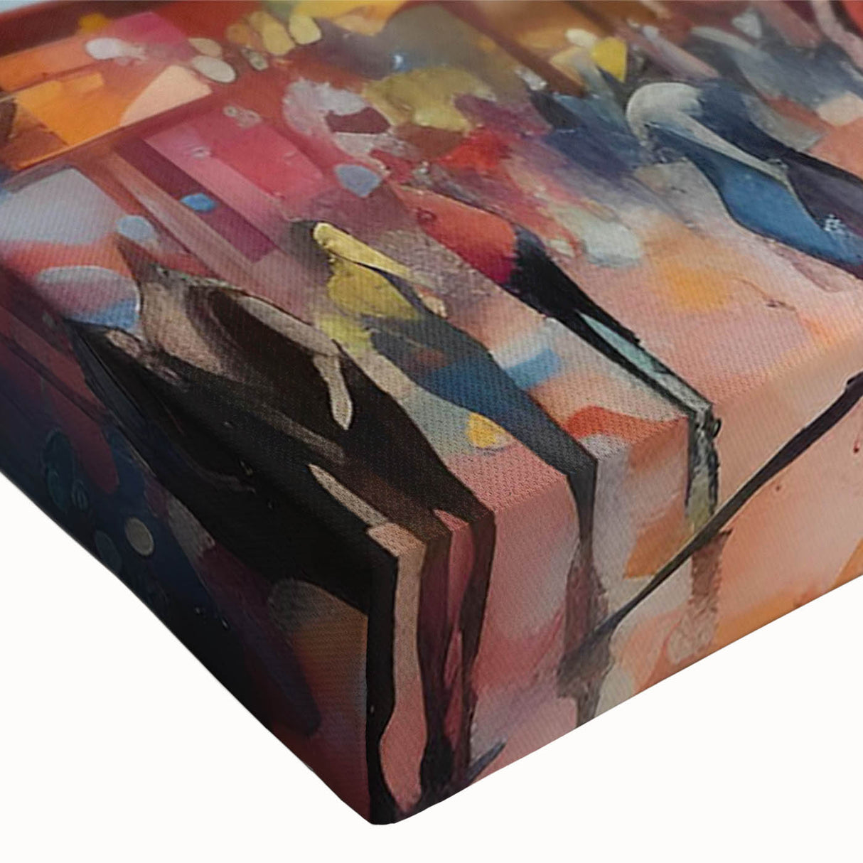 Close-up of a stretched canvas featuring a vibrant landscape road design, showcasing rich colors and intricate details, ideal for home decor and wall art enthusiasts.