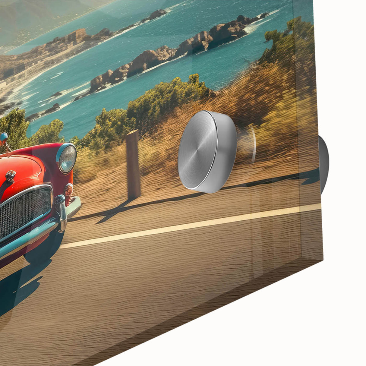 Close-up of a vibrant acrylic glass artwork from the Landscapes Roads Design collection, showcasing intricate details and a glossy finish, perfect for modern home decor.