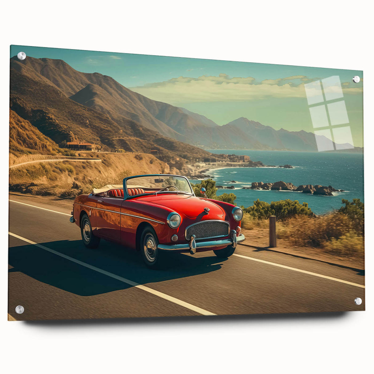 Side view of a modern acrylic glass wall art piece showcasing a vibrant landscape design, featuring winding roads and lush greenery, perfect for home decor.