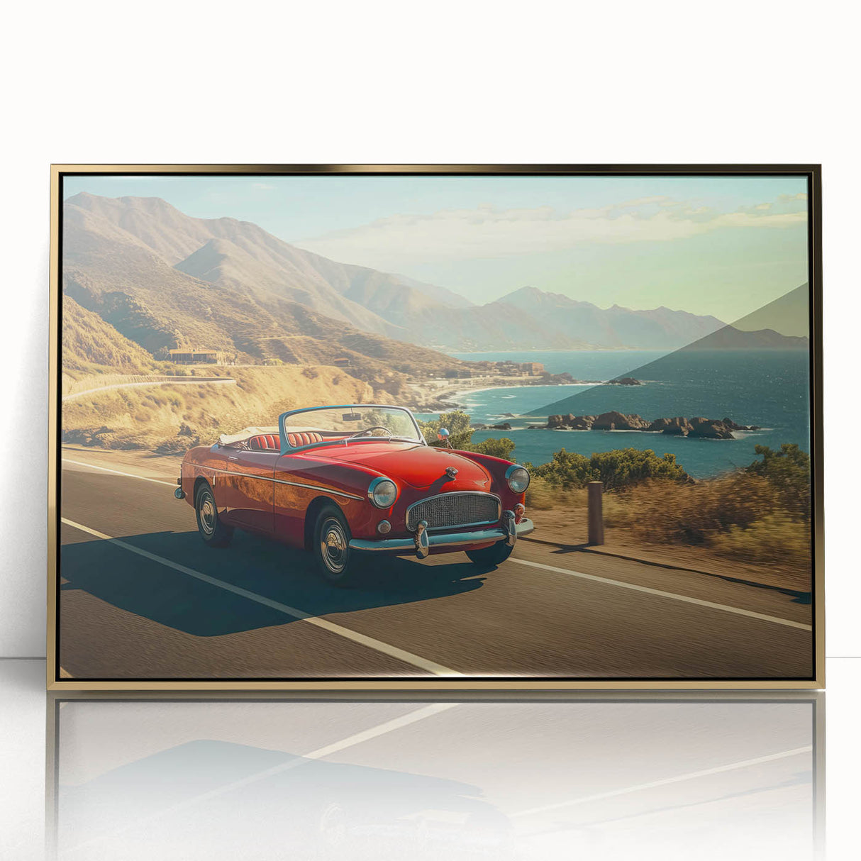 Framed acrylic wall art featuring a scenic landscape with winding roads and lush greenery, highlighted by a gold frame, perfect for modern home decor.