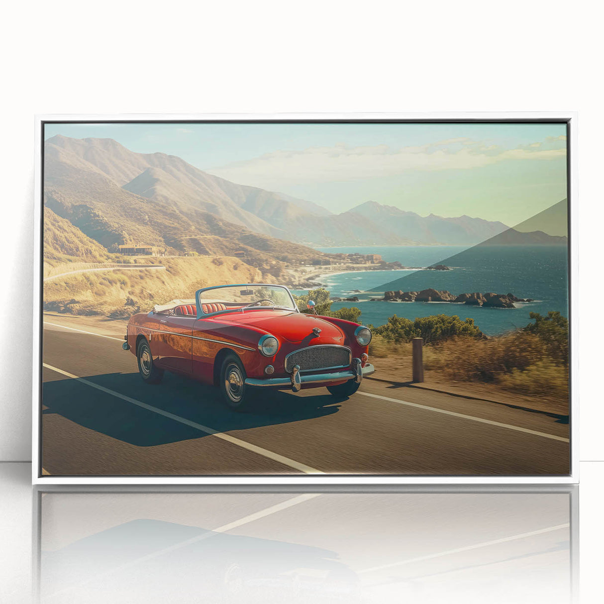 Framed acrylic wall art featuring a serene landscape with winding roads and lush greenery, set against a white background, perfect for modern home decor.